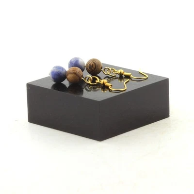 Ohrringe 2 Perlen Sodalith + Holz 8 MM Stahl Golden Made IN Fran - Bild 1 von 2