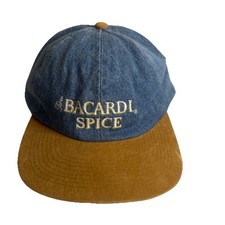 Vtg Bacardi Spice Rum Hat Ball Cap Adjustable Denim Tan Suede Embroidered Read