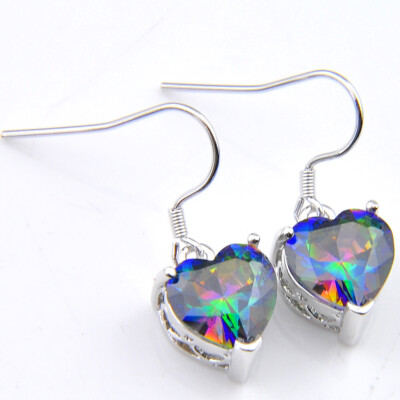 Heart Cut Multi-color Mystic Fire Topaz Gems Solid Silver Danlge Hook  Earrings