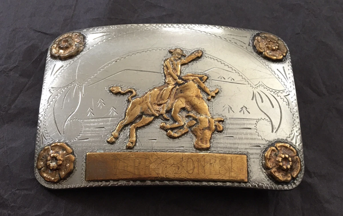 Super Rare Vintage Renalde Solid Nickel Bull Riding Trophy Banner Belt  Buckle