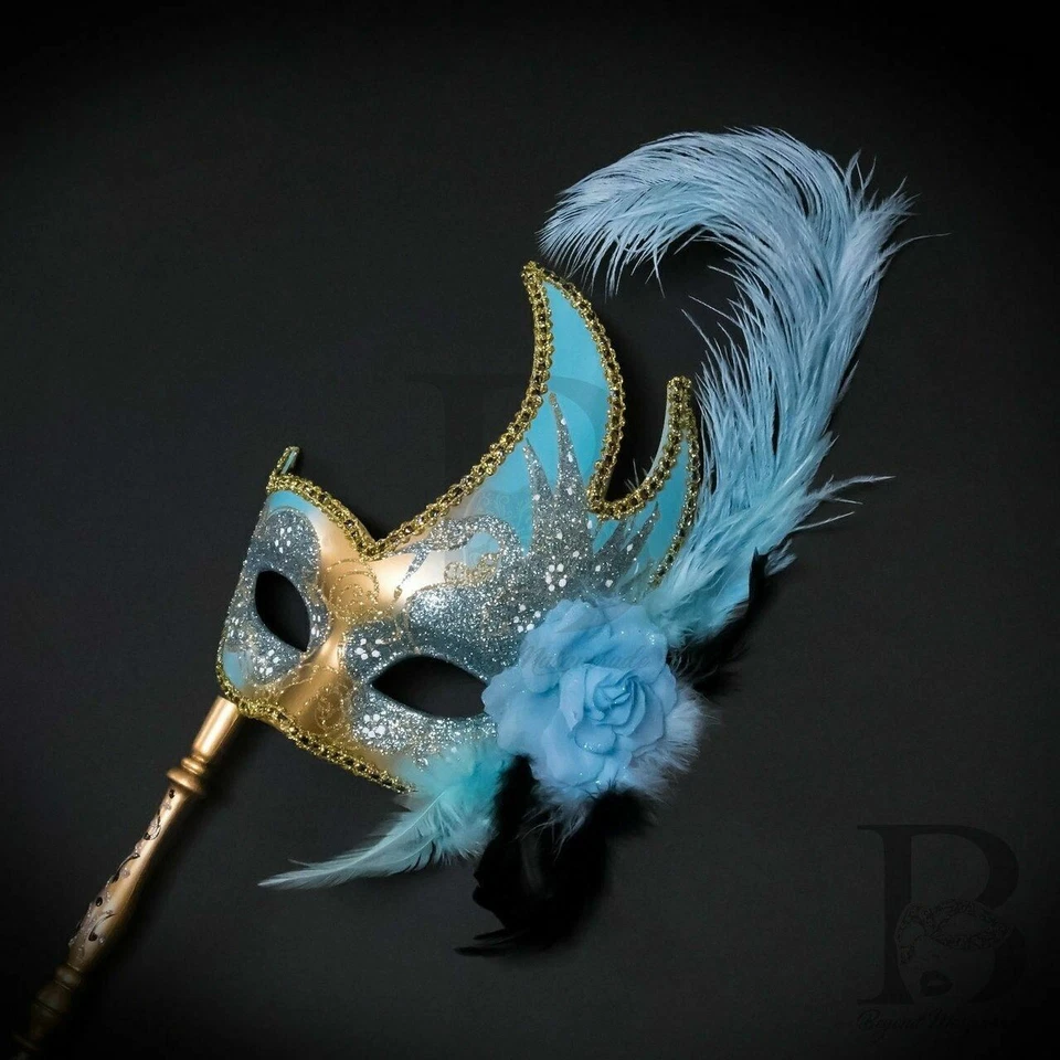 Holding Stick Party Mask | Feather Masquerade Mask Gold Mint Blue M6131 - Image 3 of 4