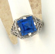 ANTIQUE STYLE 925 STERLING SILVER 4.5 CT SIMULATED LONDON BLUE TOPAZ RING  329