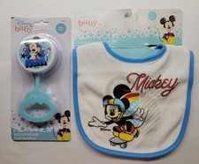 Disney Baby Mickey Mouse Light Blue Rattle BPA Free Bib Combo