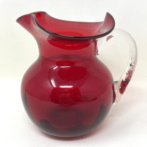Hand Blown Art Glass Pitcher Ruby Red Applied Handle Vintage Vase - Picture 1 of 9