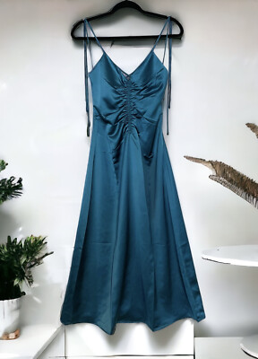 Jason Wu Teal Turquoise Satin Tie Strap low black slip midi dress ruched XS