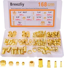 168PCS Tube OD（1/4" 5/16" 3/8" 1/2" Brass Compression Sleeves Ferrules & Insert,
