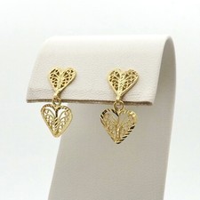 14k Gold Filigree Double Heart Dangle Drop Earrings Love Valentines Day New