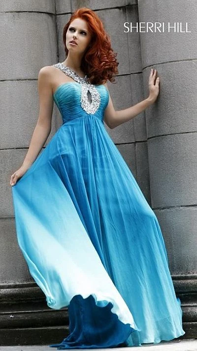 Sherri Hill Beaded Halter Cutout Chiffon Gown Sz 0 Blue eBay