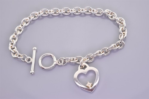 Sterling Silver 5mm Solid Oval Diamond Accent Heart 925 Toggle Bracelet 17g 7.5" - Picture 5 of 5