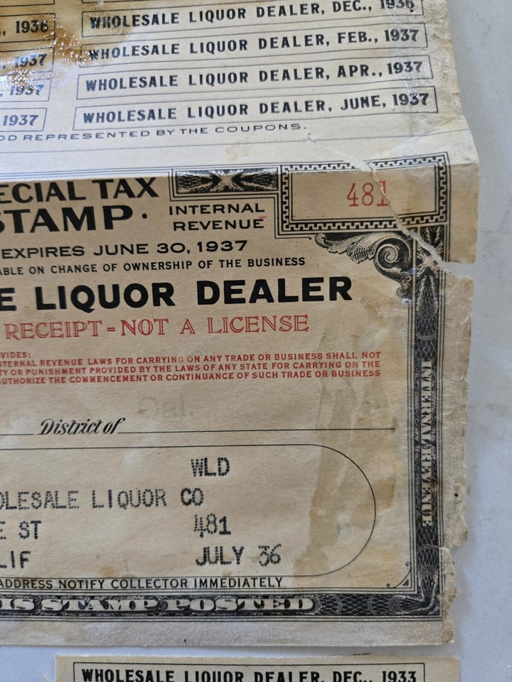 1937 Special Tax Stamp Wholesale Liquor Dealer w/ Coupons Los Angeles