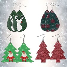 4 Pairs Women Girls Christmas Lightweight PU Leather Hook Earrings Holiday Gift