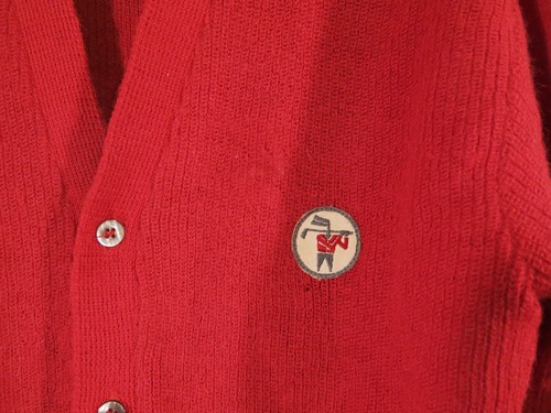 1950's Catalina Red Alpaca Cardigan Men's M Striped Sleeves Golf Crest Patch - Picture 3 of 7