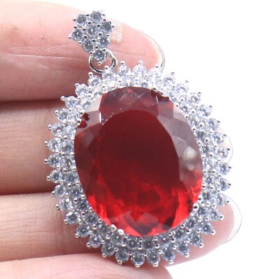 Buy 2 Get 1 FreePrincess Cut Big Gemstone Red Blood Ruby CZ Women Silver Pendant