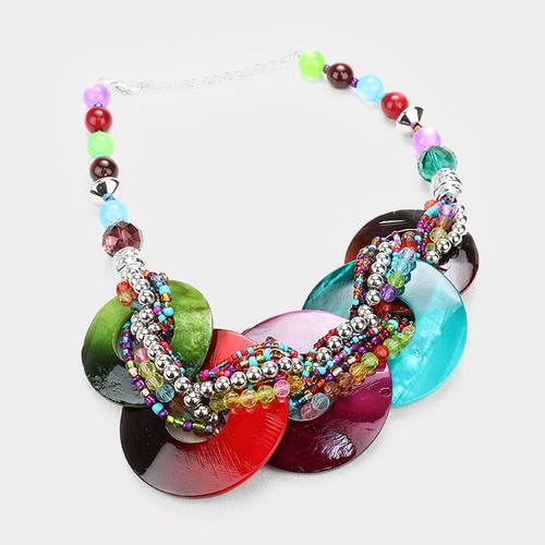 Chunky Disc Circle Hoop Shell Necklace Bib Twist Bead Circle Mother of Pearl set - Picture 13 of 15