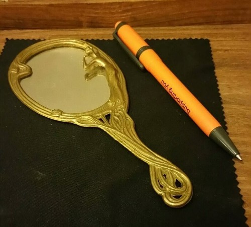 vintage brass art deco nouveu hand held vanity mirror with fairy