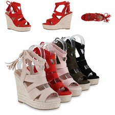 Damen Keilsandaletten Sandaletten Bast Quasten Cut-Outs Schuhe 841372