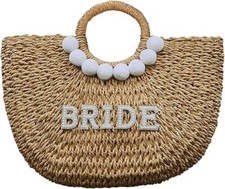 Bride Beach Bag   Handwoven Straw - Rhinestone  Pearl Letters Honeymoon
