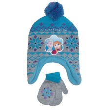 Disney Frozen Elsa Argyle Winter Trapper Beanie Laplander Ski Hat Cap Mitten Set