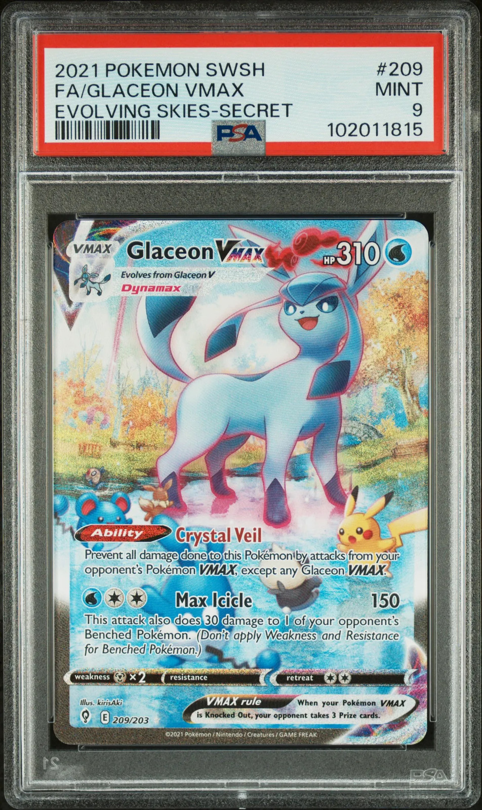 2021 Pokemon Sword & Shield Evolving Skies Glaceon VMAX #209 Secret FA PSA 9