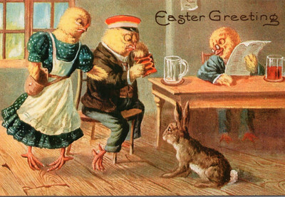 Postcard Easter Greetings Anthropomorphic Chicks and Rabbit at Table Modern