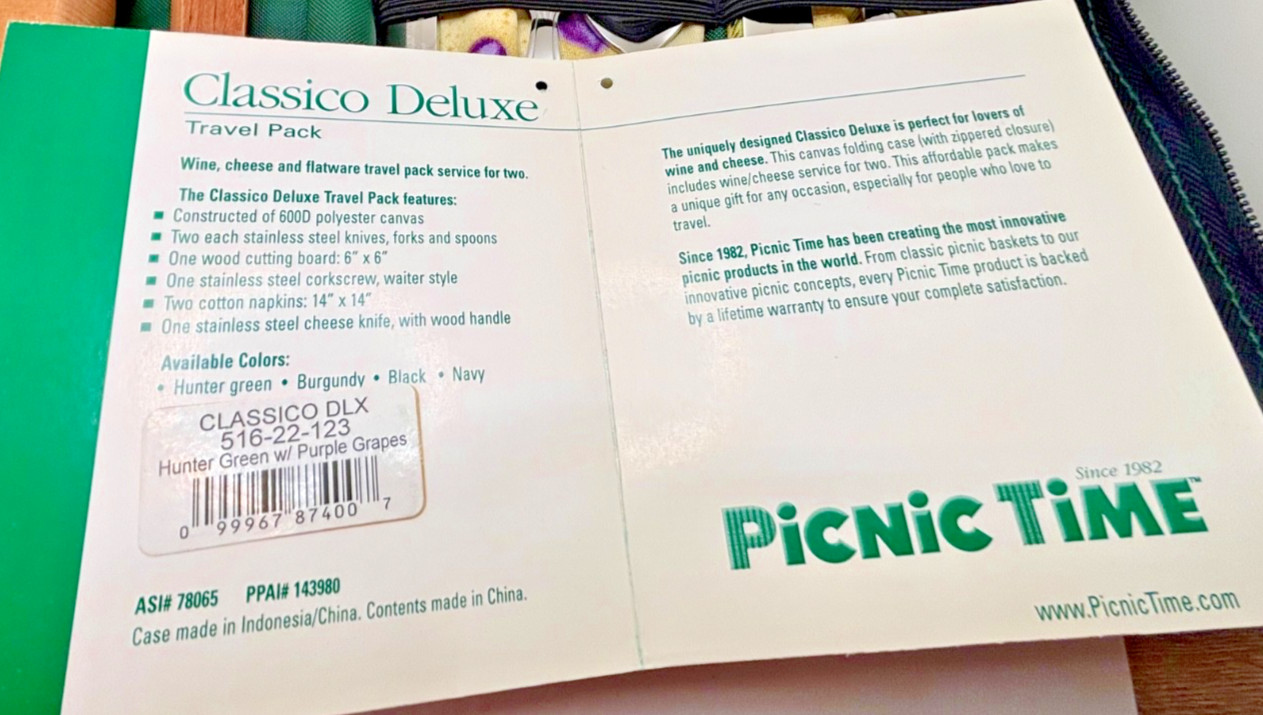 Picnic Time CLASSICO DELUXE Travel Set Tote For 2 Wine & Cheese Lovers