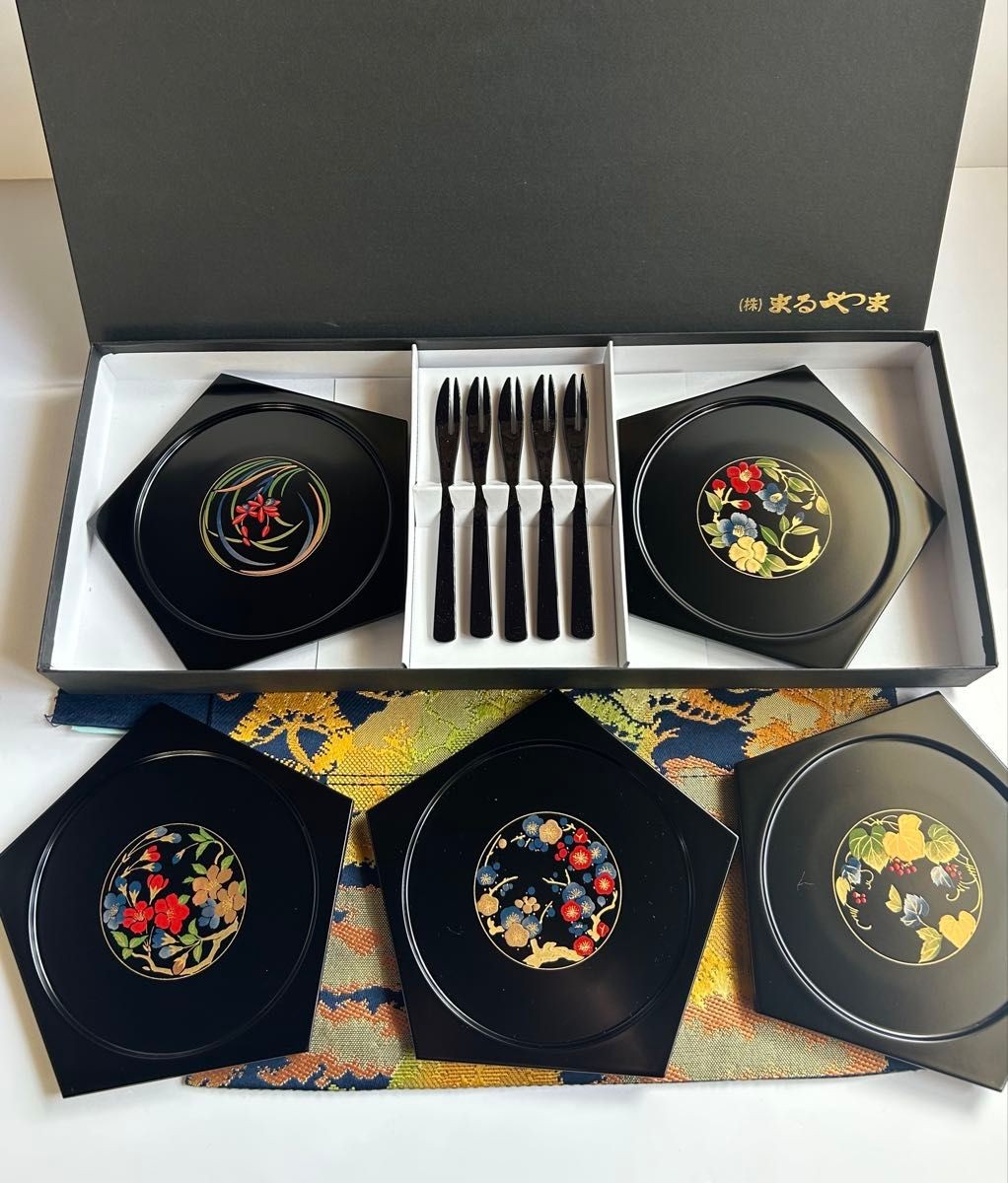 Dessert Plates 5pcs Set Maruyama Aizu Lacquerware Flower Picks Black Japan