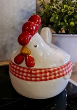 Vintage Retro ~ Huhn Henne, Keramik, Alte Deckel-Dose Eier Aufbewahrung Rot Weiß