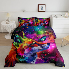 Colorful Fox Butterfly Bedding Set for Kids, 3D Galaxy Comforter Pillowcases