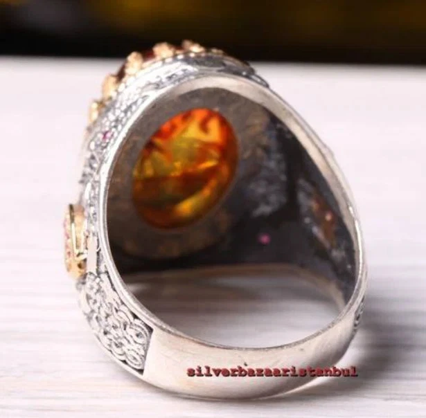 Anillo ámbar naranja joyería turco hecho a mano plata de ley 925 anillo para hombre 01 Foto 3 de 4