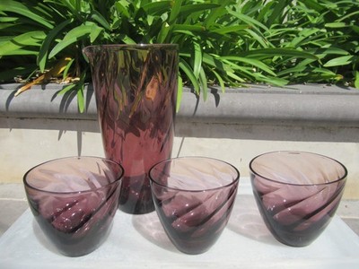 Hazel Atlas Moroccan Amethyst Swirl (3 pieces) 4oz Glass Tumblers & 14oz Pitcher