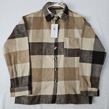 Women's Medium Plaid Flannel Shirt Jacket Shacket NWT Brown Beige Oversized Fall
