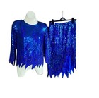 Marquis by Randall Cosco 100% Silk Outfit Royal Blue Sequins Beaded Flame Hem