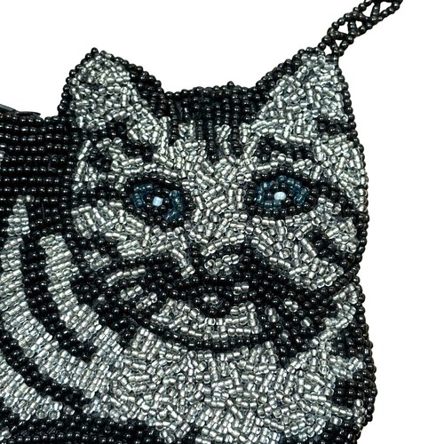 Beaded evening bag cat fancier novelty shoulder bag black silver kitty purse - Picture 8 of 9