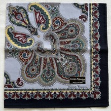 VTG Handkerchief Black Cotton Red Gray Damask Paisley Pattern Pocket Square 18"