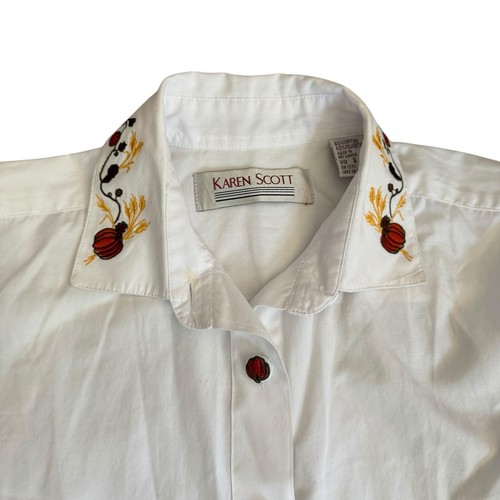 Vintage white button down with autumn embroidered trim Pumpkin Buttons Small
