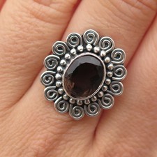 925 Sterling Silver Vintage Real Smoky Quartz Spiral Oxidized Ring Size 6.5