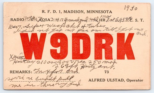 1930 Madison Minnesota Lac Qui Parle Alfred Ulstad W9DRK QSL Ham Radio Card