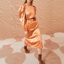 Ulla Johnson Dress Metallic Copper Satin Cotton Blend Midi Length Size 2 Pockets