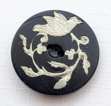 Antique Composition Picture Button ~ Bird & Wreath White Metal Inlay ~ 5/8" 17mm