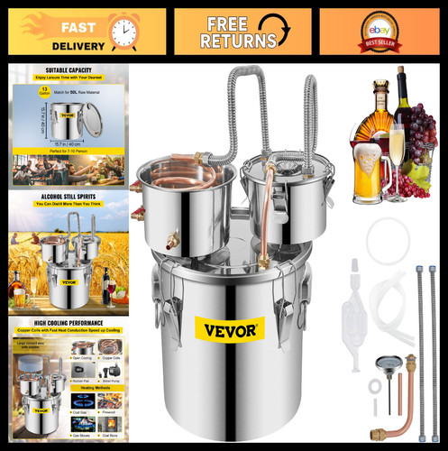 5GAL Alcohol Still Distiller Kit with Thumper Keg, Copper Tube, Thermometer & Pu