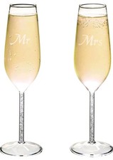 Mr Mrs 2 Champagne Glasses Crystal Filled Stems Flutes Wedding Bride Groom