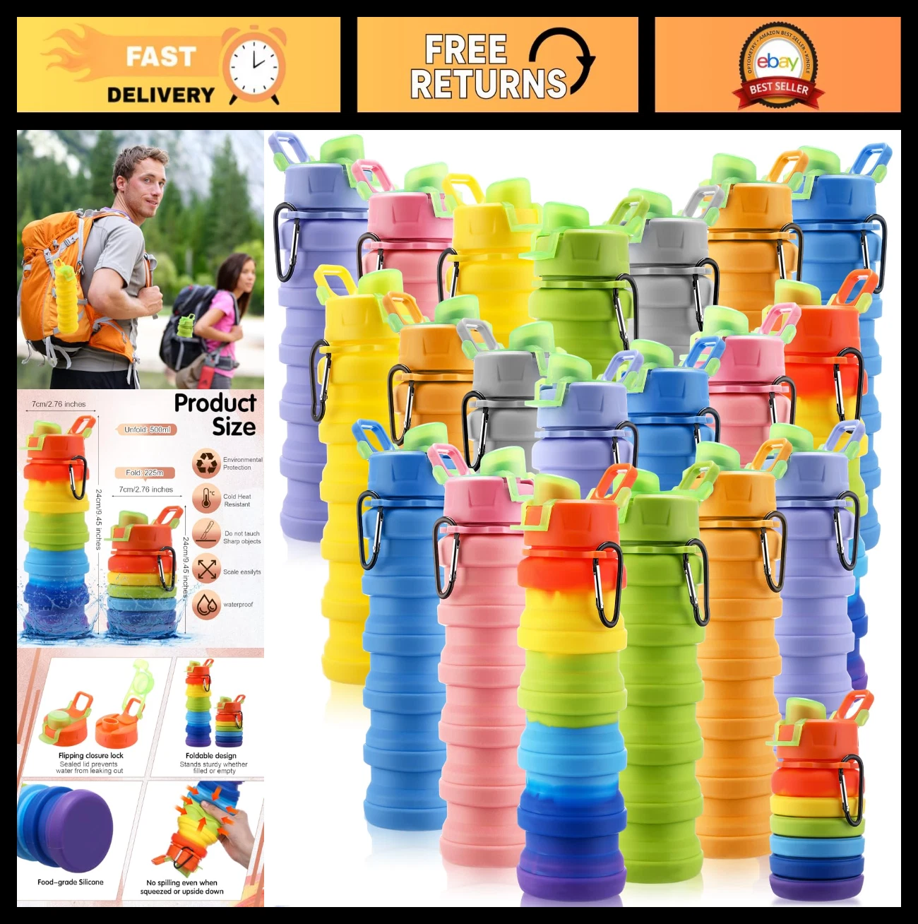 Collapsible 17oz Silicone Water Bottles - Foldable, Leak Proof, Portable - 20 Pa
