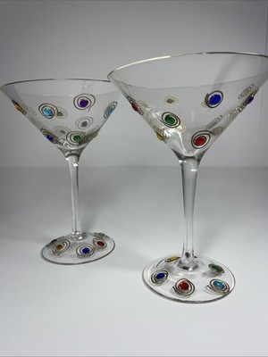 Pier 1 Jeweled Martini Glasses Set of 2 Gold Spiral Atomic MCM Style Large 7''