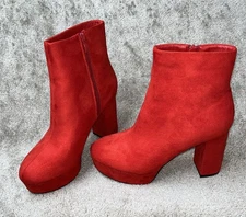 Red Suede High Heel Platform Ankle Boots Size 9 By Top Moda