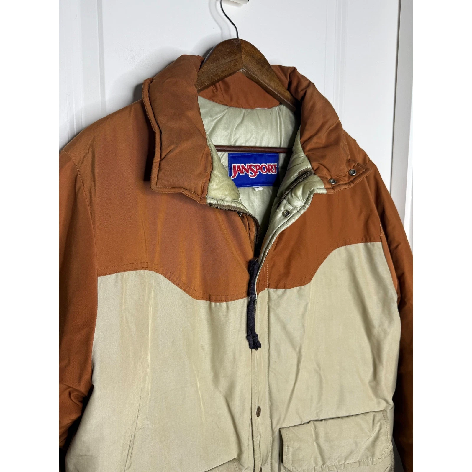 Vintage Jansport Color Block Puffer Jacket Brown Tan Western Style Size L