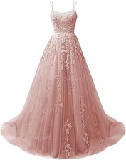 Spaghetti Straps Long Prom Dresses Ball Gown Lace Appliques Tulle Sz 0 Pink