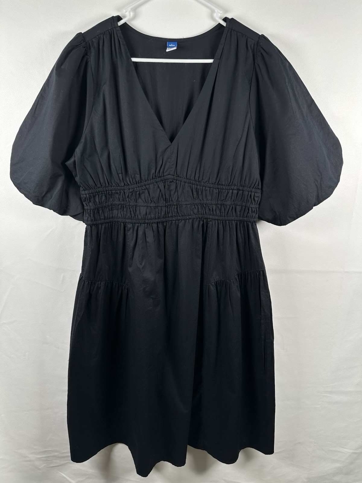 Old Navy Waist-Defined Puff-Sleeve Midi Dress Size L Petite Black  100% Cotton