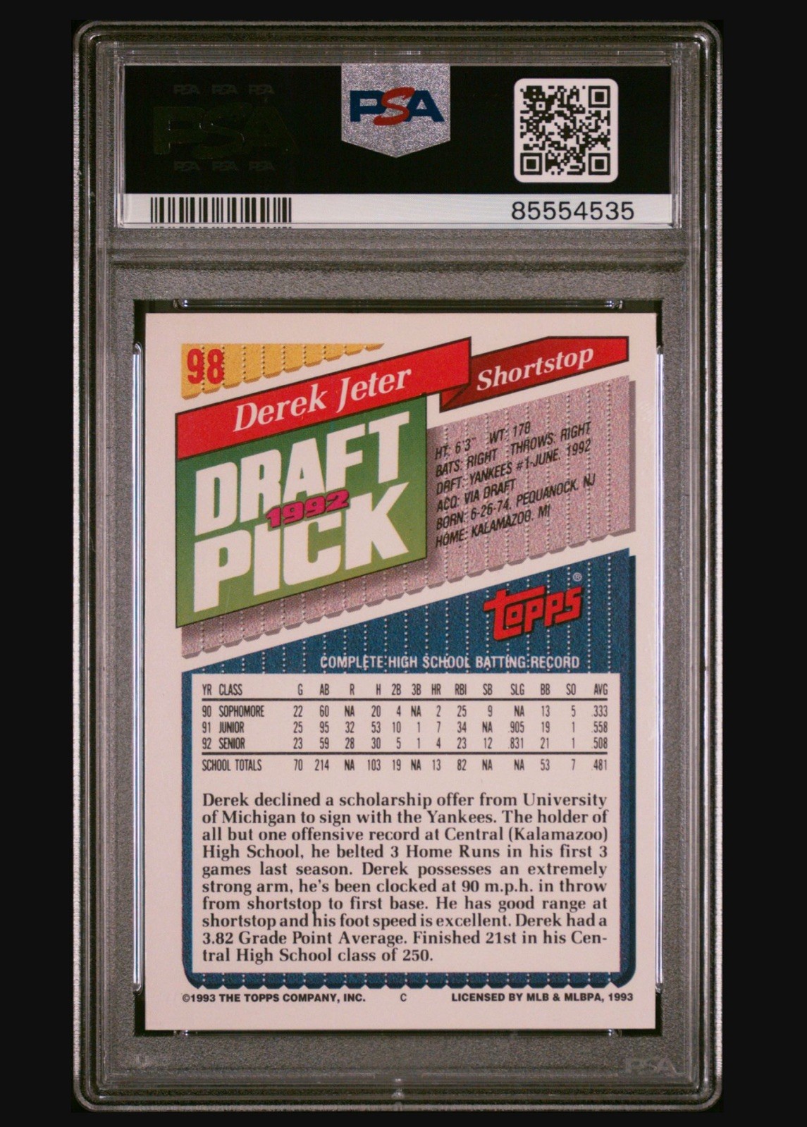 1993 Topps Derek Jeter Rookie RC AUTO #98 Yankees PSA Authentic Autograph HOF view 2