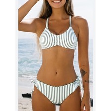 Cupshe Striped Green White Bikini Set Criss Cross Tie String Swimsuit Summer S