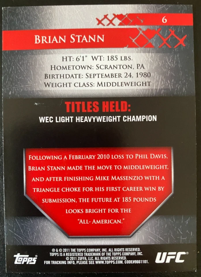 Brian STANN Topps 2011 UFC Title shot Middleweight #6 - Image 2 of 2